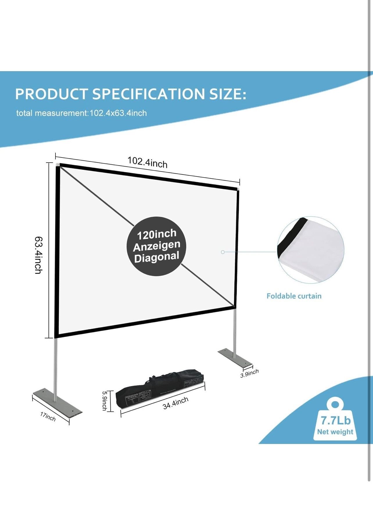 Projector Screen with Stand 120 inch Portable Projection Screen 16:9 4K HD Rear Front Projections Movies Screen with Carry Bag for Indoor Outdoor Home