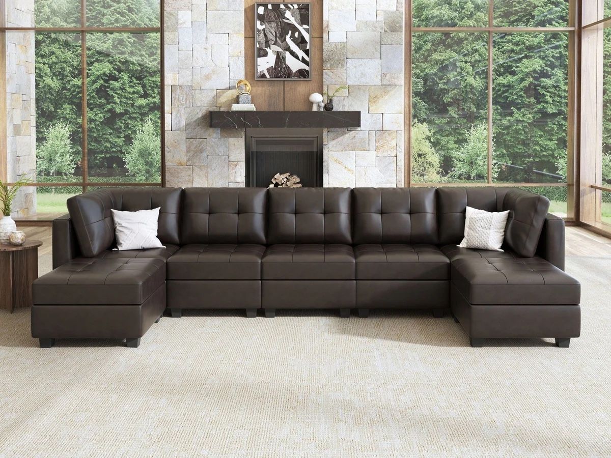 HONBAY 7-Piece Faux Leather Modular Sectional Sofa With Storage Seat