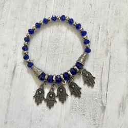 Blue Beaded Stretchy Hamsa Bracelet 