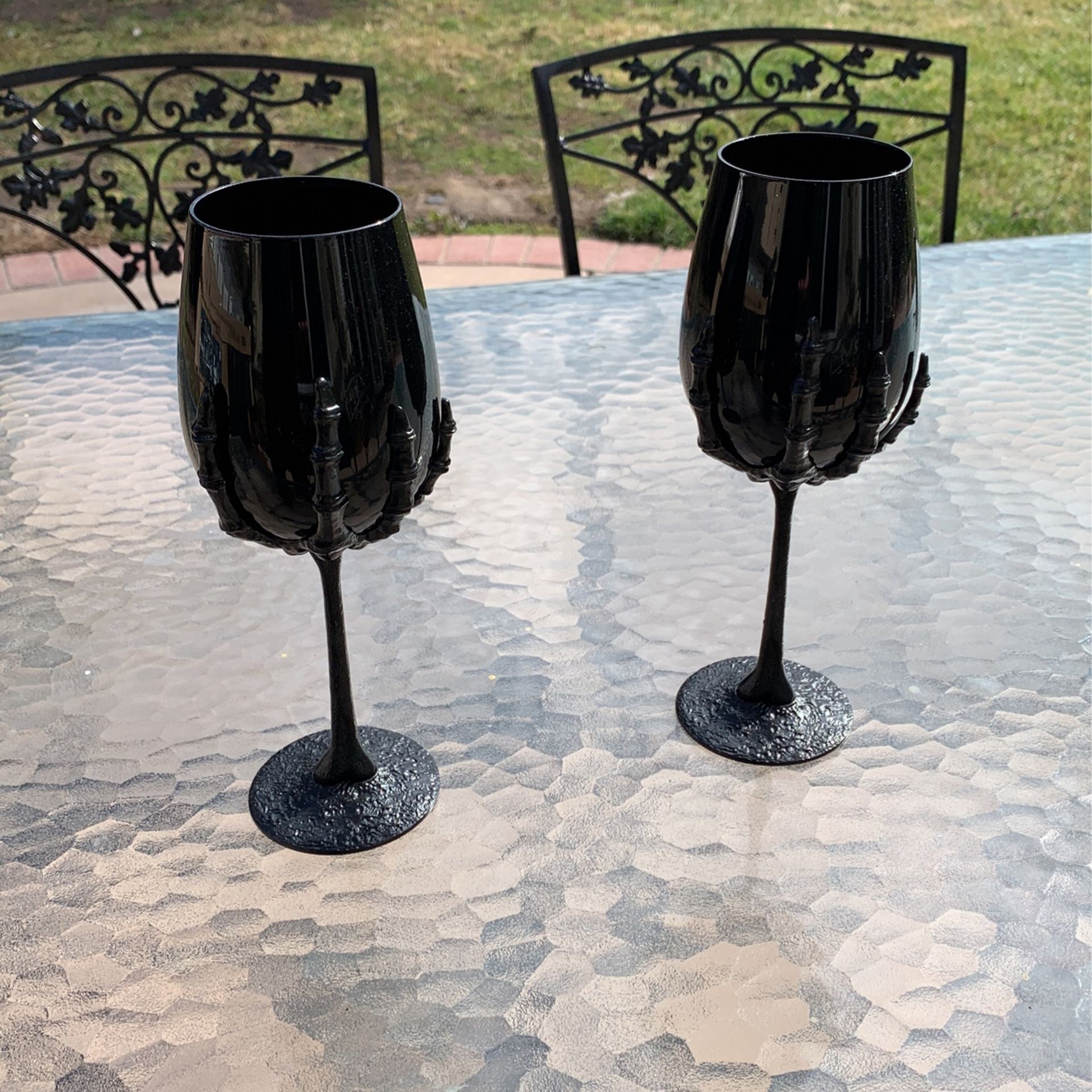 2 Gothic Halloween Black Skeleton Hand Wine Glasses