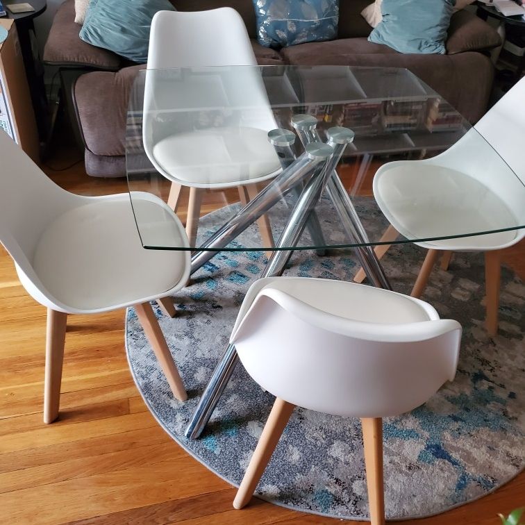 Glass + Metal Dining Table With 4 Chairs