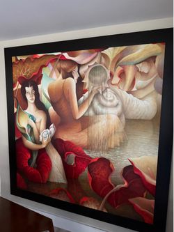 Large Surrealist Oil Painting of Three Women with Lotus Flowers