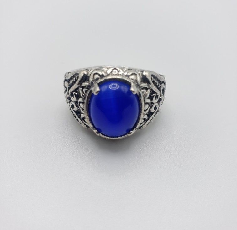 Size 7 Simulated Retro Style Blue Gemstone 925 Silver Ring For Women and Men