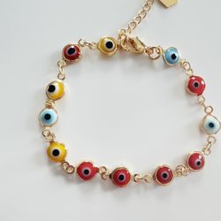 Evil Eye Multicolor Bracelet. 14K Gold Plated. New