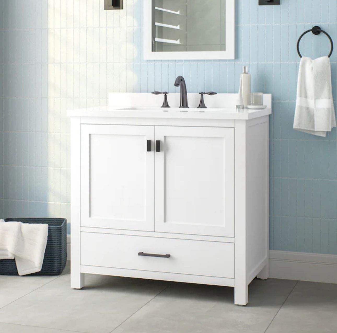 Allen + roth Ronald 36in white undermount single sink bathroom vanity with white engineered stone top with faucet Retail price $800