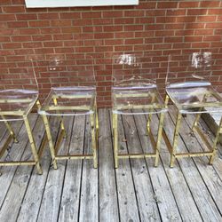 4 Matching Thick Acrylic And Gold Barstools- Great Condition