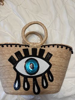 Handmade Medium Evil Eye straw bag 