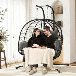 Double Hanging Egg Chair - Black with Grey Cushions Just New 
