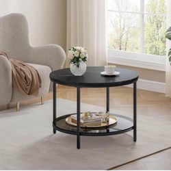 Round Coffee Table, Small Coffee Table with Faux Marble Top and Glass Storage Shelf, 2-Tier Circle Coffee Table, Modern Center Table for 