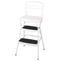 Retro Chair + Step Stool with Flip-Up Vinyl Seat, White