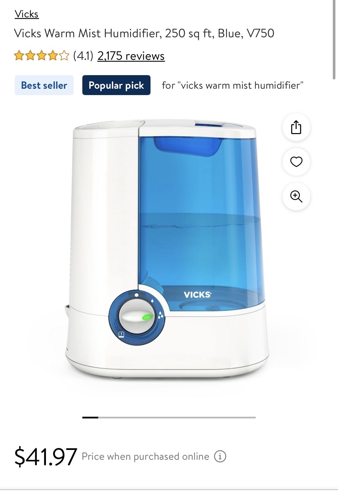 Vicks Warm Mist Humidifier, 250 sq ft, Blue, V750 (only used one time when we need