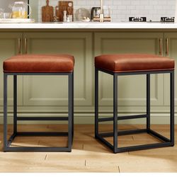 MAISON ARTS Counter Height 24" Bar Stools Set of 2 for Kitchen Counter Backless Modern Barstools Industrial Upholstered Faux Leather Stools Farmhouse 