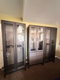 Ikea Regissor Dark Wood Wardrobe Cabinet Set with Glass Doors
