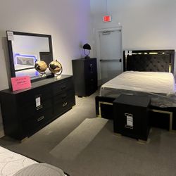 Black Queen Bed, Dresser, Mirror And One Nightstand