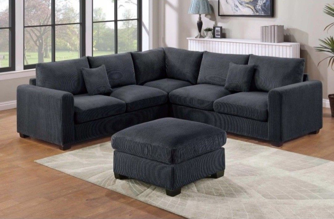 ✅️✅️4 pc black corduroy fabric upholstered sectional sofa with ottoman✅️✅️