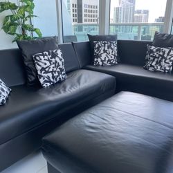 Black Leather L-Shape Sofa, 2 pc Sectional With Ottoman 
