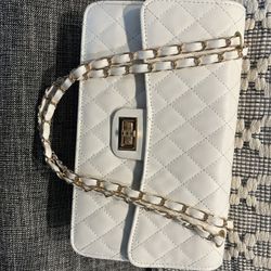 Classy White Shoulder bag!  HALF OFF !!Quilted Vegan Leather , Mademoiselle Chanelle  Style  Lock.  Memorial Day Sale