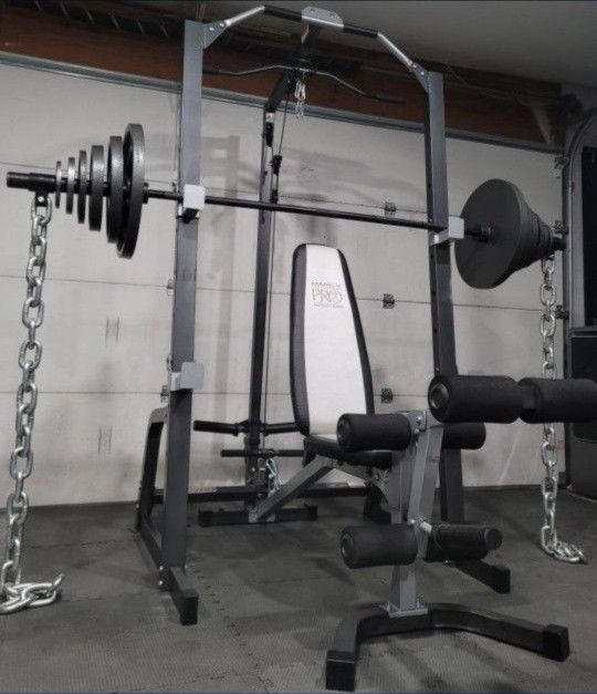 <<FREE DELIVERY>>  SQUAT RACK WITH ROW / LAT PULL DOWN + ADJUSTABLE BENCH + OLYMPIC WEIGHT PLATES + OLYMPIC BARBELL 