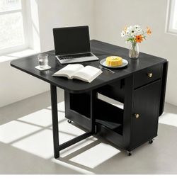 Drop Leaf Folding Dining Tab, Space Saving, Black, 59" Fully Assembled, Foldable Butterfly Table, Locking Wheels, Hidden Drawers, Solid Wood, for Livi