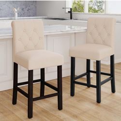 Counter Stools Set of 2,24 inches Upholstered Counter Height Chairs with Button-Tufted and Solid Wood Legs（Beige）