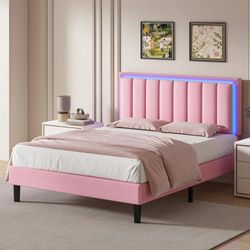 Full Size LED Bed Frame with Light-Up Headboard  & Remote  -  Modern Pink