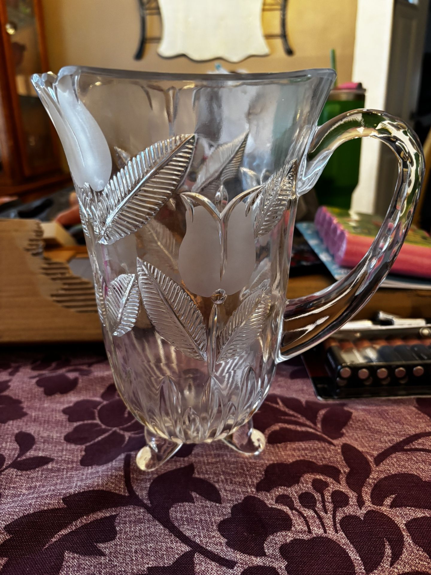 Heavy Glass Pitcher/Vase With Frosted Tulips 