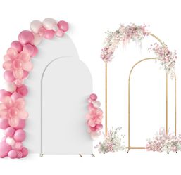 SuuWoee Arch Backdrop Stand Set Of 2 With white Cover (6FT+5FT),Gold Metal Wedding Arch Balloon Stand With Cover For Birthday Party Baby Shower Gradua