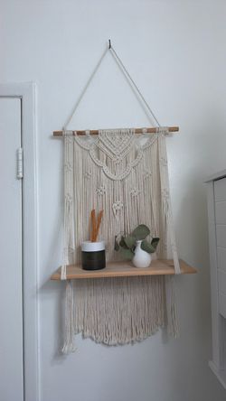 Macrame Wall Hanging with Wooden Shelf