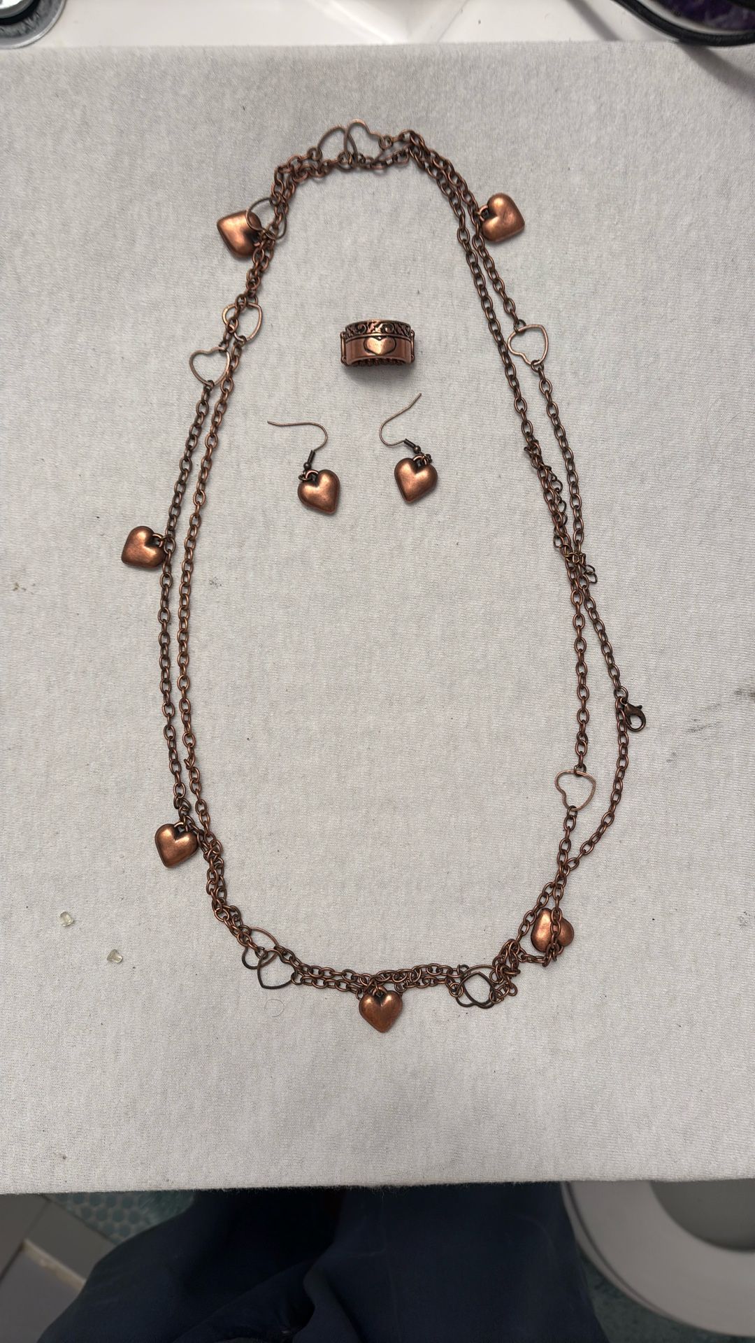 Copper Heart Pendants Necklace With May Hing Ring And Earrings