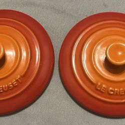Two Le Creuset Mini Round Cocotte Pot Lid Replacement Enamel Stoneware Palm Orange