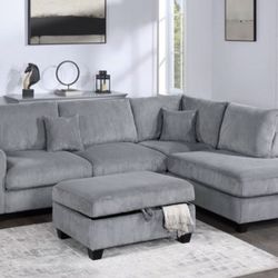 New Gray Or White Corduroy Sectional And Ottoman Sofa Couch 