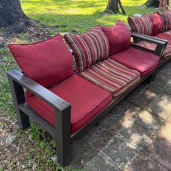 Solid Wood Patio Benches with Red Cushions