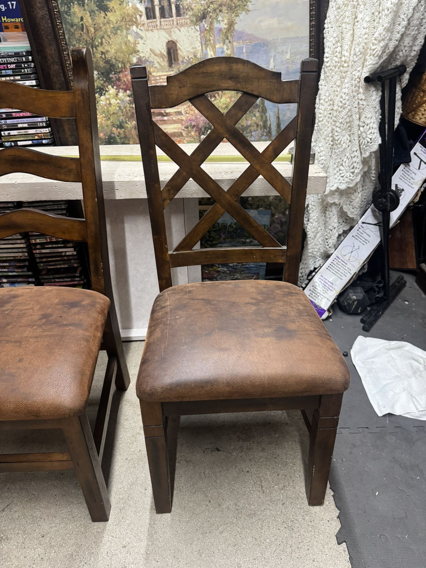 Wood Antique Vintage Chairs w Leather Upholstery