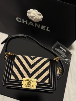 Chanel Small Boy Bag – Black & Cream Chevron Tweed with Gold Hardware