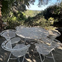 Vintage Wrought Iron Patio Set Table and 6 Barrel Chairs