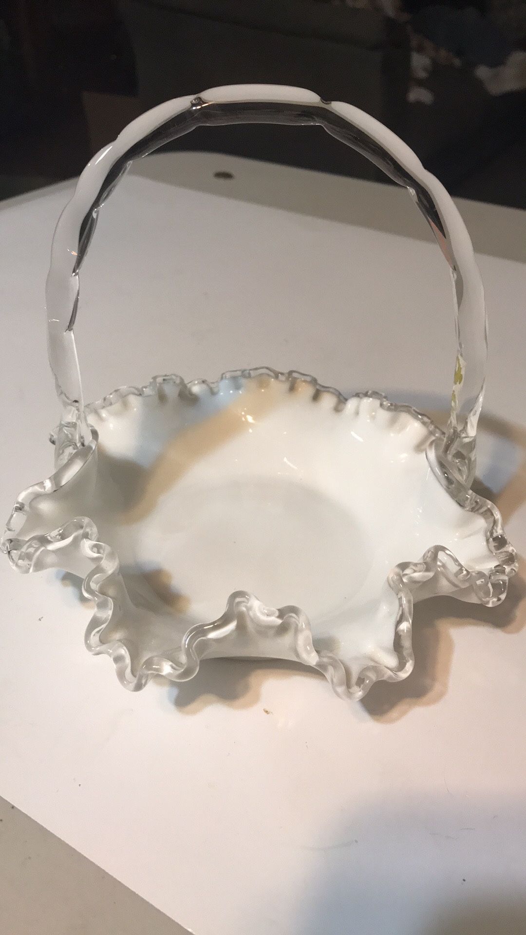 Vintage Milk Glass Candy Dish Ruffled Clear Edge With Glass Handle.