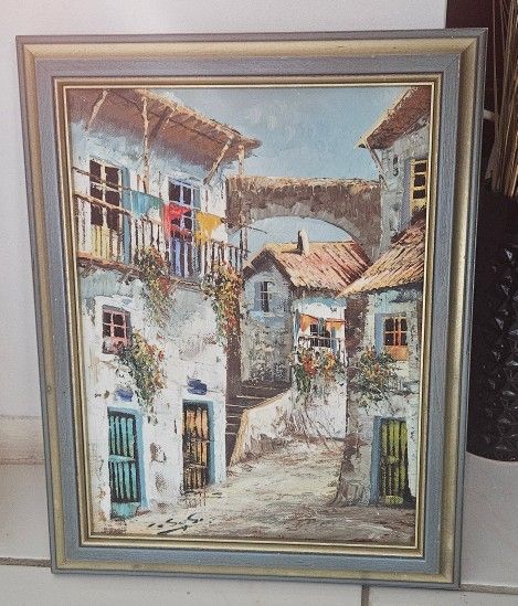 Vintage Oil Painting, Signed and Framed, Spanish Townscape, 13" x 16" Canvas board