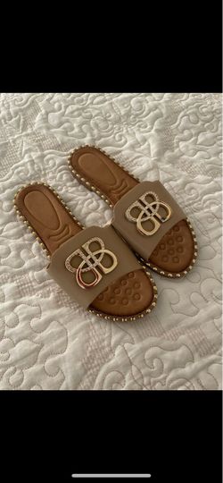 Tan Slide Sandals with Gold Logo Hardware size 8