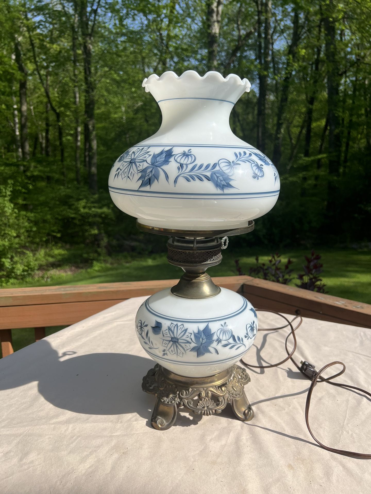 Blue & White Milk Glass Floral Themed Hurricane Lamp