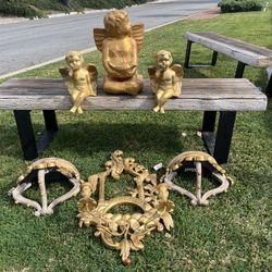 One Vintage Gold Wood Wall Bracket With Candle Holders 