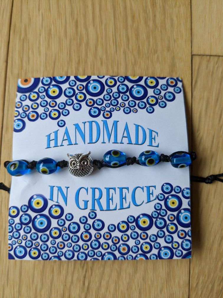 Blue Evil Eye Greek Komboloi 8 Worry Beads Silver Antiqued Owl Bracelet Anklet Good Luck. Handmade .