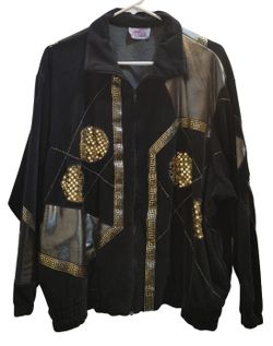 Vintage 80s - 90s Southern Stitches Black & Gold Velour Velvet Style Windbreaker Track Suit Bomber Jacket

