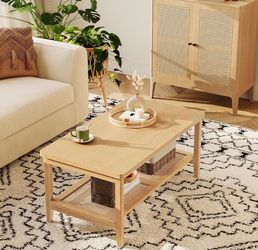 2-Tier Coffee Table for Living Room, Rectangular Living Room Table, with PVC Rattan Storage Shelf, Rounded Corners, Easy Assembly, Boho Style, 21.7 x 