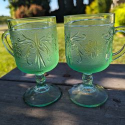 Pair of Mid-Century Tiara Green Chantilly Glass Goblets - Uranium Glass Collectibles

