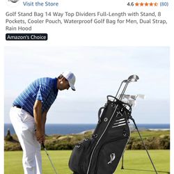 Golf Stand Bag 14 Way Top Dividers Full-Length with Stand, 8 Pockets, Cooler Pouch, Waterproof Golf Bag for Men, Dual Strap, Rain Hood