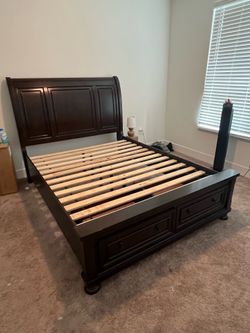 Queen bed dark brown wood