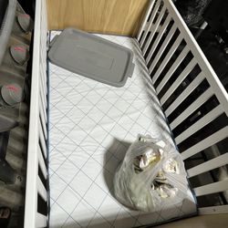 Like New -ish Baby Bed Crib White And Light Blue Mattress
