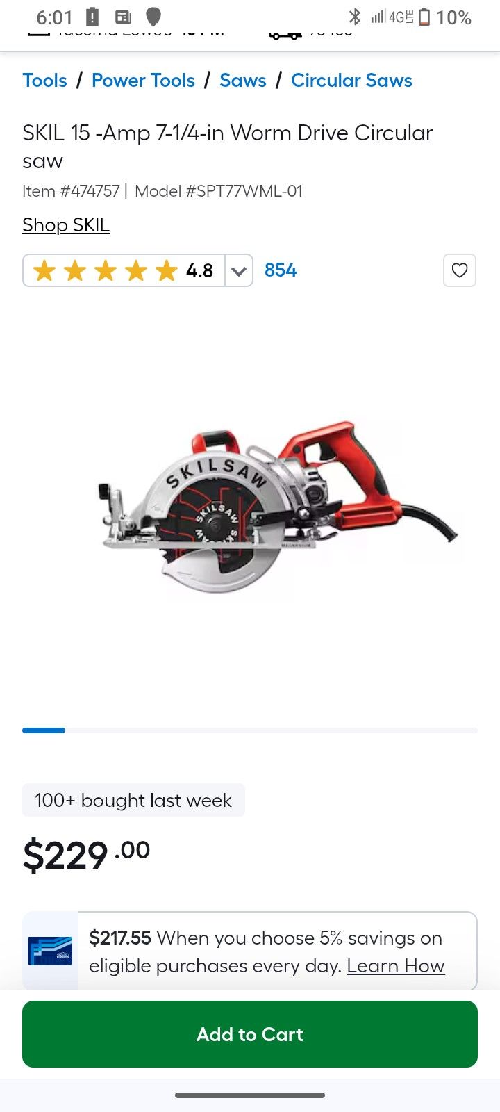 7 1/4in Worm drive Skill Saw