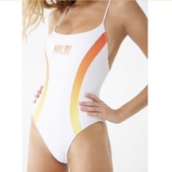 FOREVER 21 White Orange Malibu Graphic One Piece Swimsuit NEW