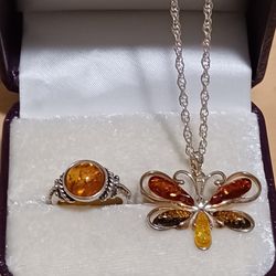 Sterling Silver Baltic Amber Butterfly Necklace With Matching Ring Women's Size 7